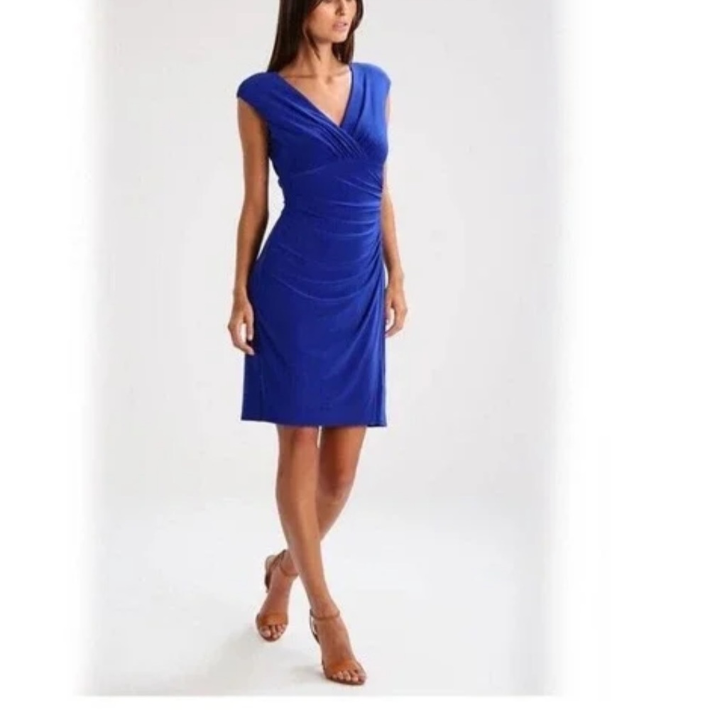 Ralph Lauren  Dress Ruched Jersey Stretch V-Neck Faux Wrap Royal Blue. Size 2